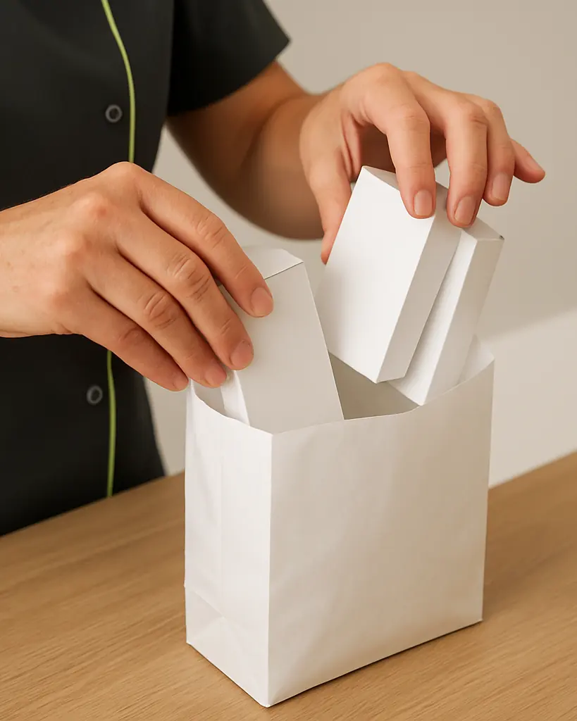 Les boîtes de la commande glissées dans un sac blanc sur le comptoir